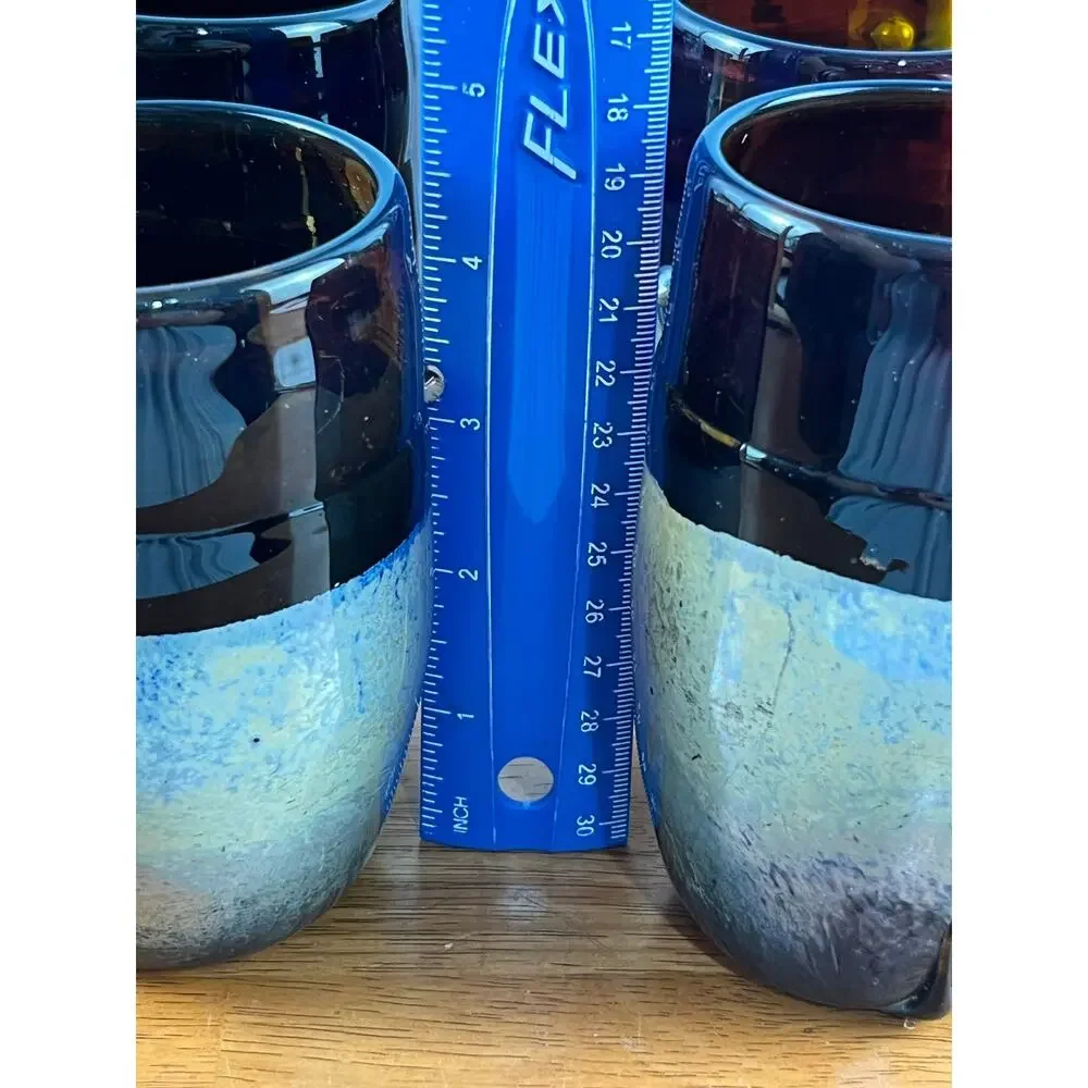VTG Frederck Warren Art Glass Tumblers Set of 6 Amber Cobalt Iridescent